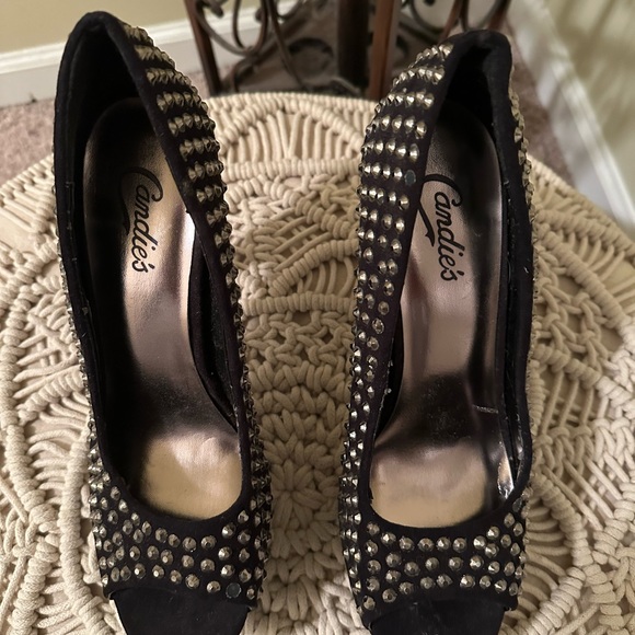 Candies size 10 faux black suede platform open toe studded pumps - Picture 2 of 3
